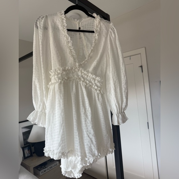 White Ruffled V-Neck Romper - Picture 1 of 9